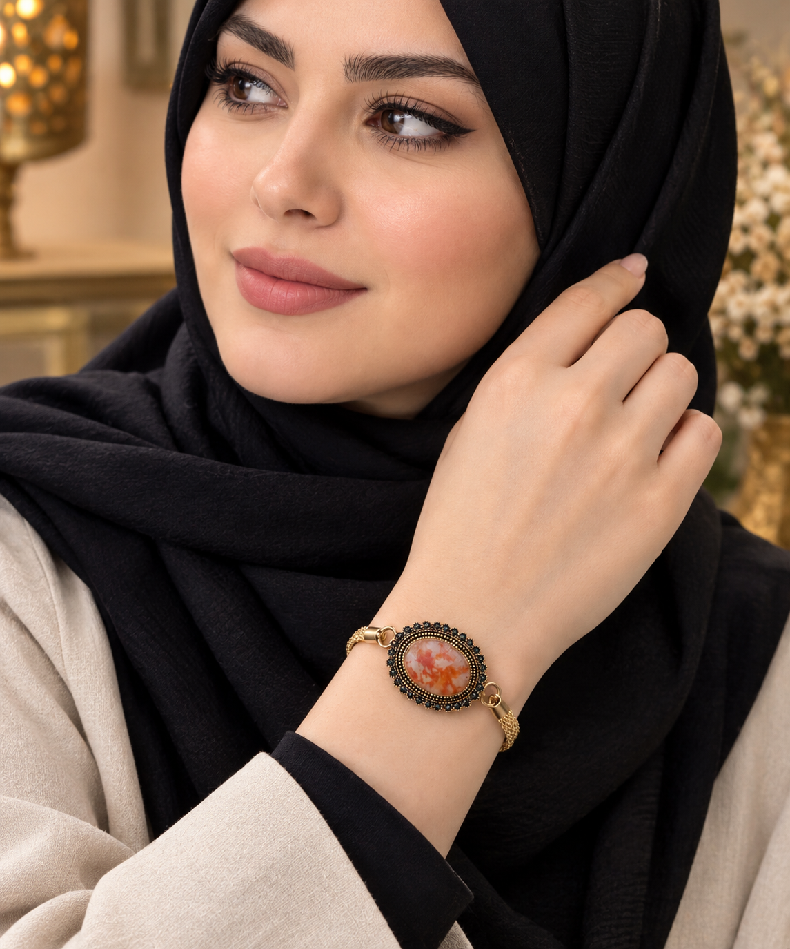 دستبند زنانه استیل رنگ ثابت با آبکاری زرد و نگین مارکازیت،عقیق خزه ای بسیار خوشرنگ صددرصد طبیعی با ضمانت مکتوب اصالت