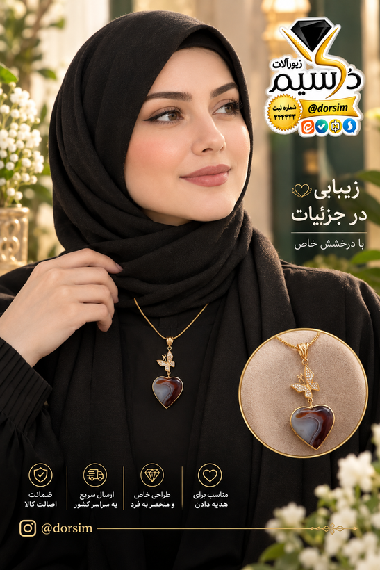 آویز زنانه عقیق قلبی با پروانه طلایی | نقره با آبکاری طلا