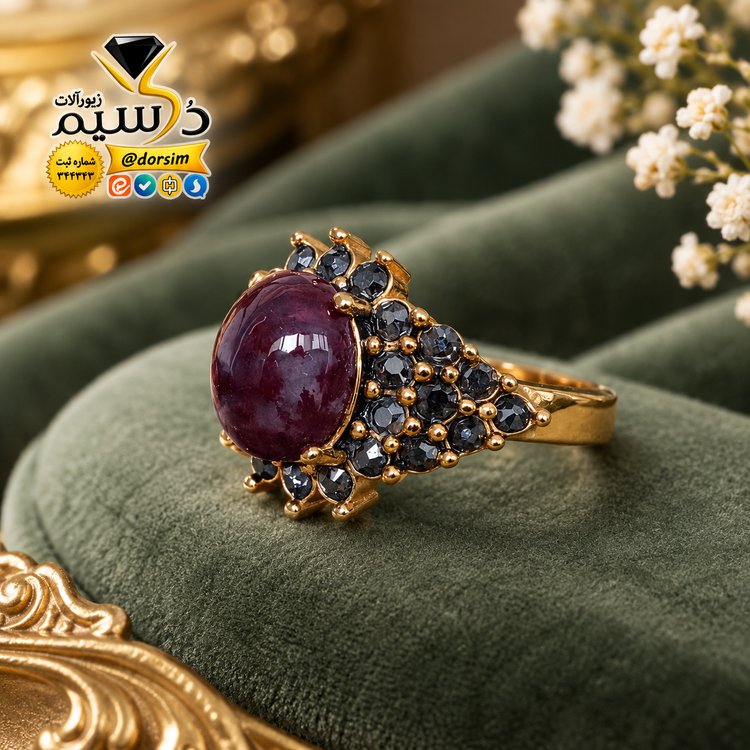 انگشتر زنانه استیل رنگ ثابت عقیق جاسپر خزه ای زرشکی خاص و بی نظیر طبیعی برند درسیم
