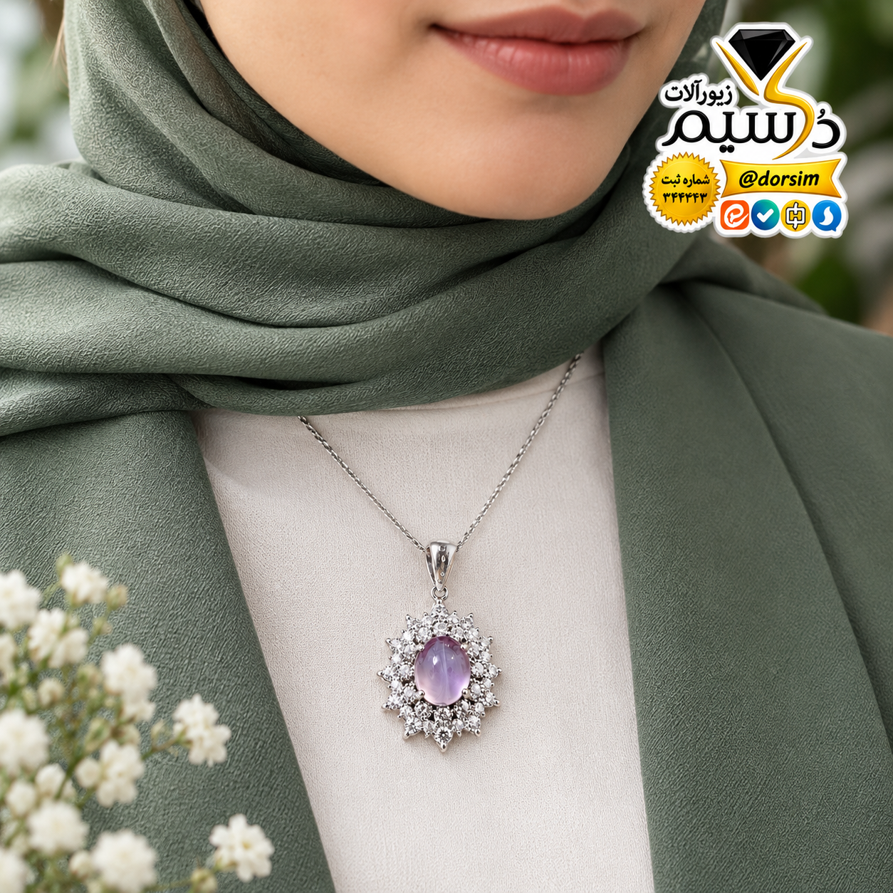 آویز زنانه نقره با نگین عقیق یاسی اصل | دُرسیم
