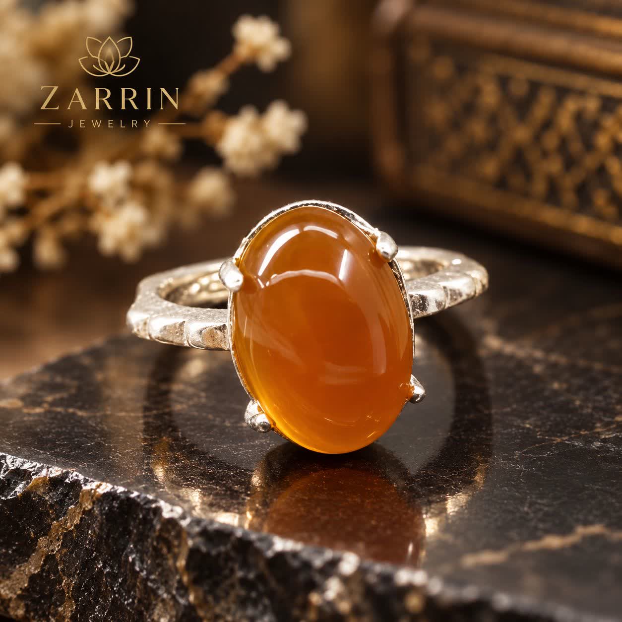 انگشتر زنانه نقره با نگین عقیق کهربایی اصل | دُرسیم ✨🧡