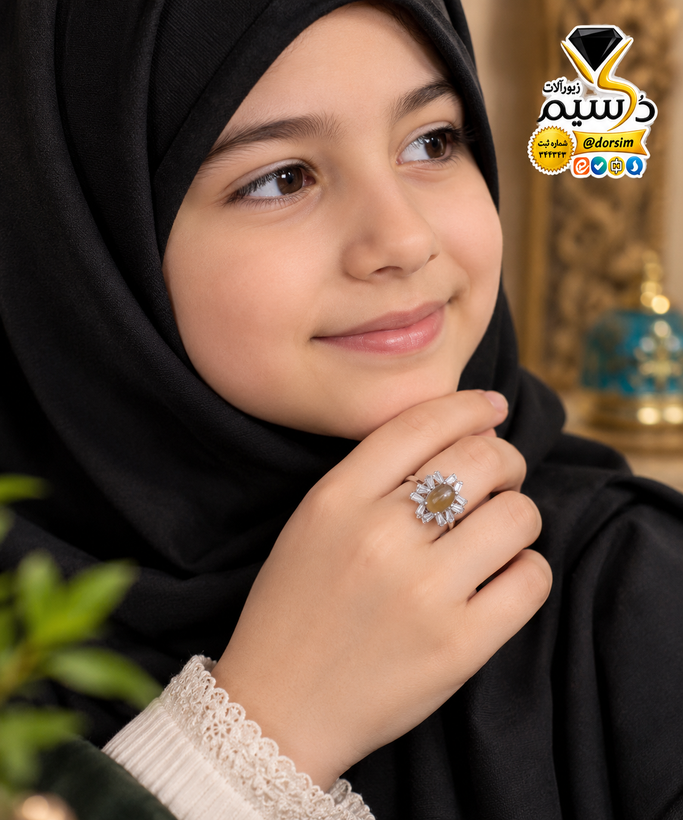 انگشتر دخترانه نقره با نگین عقیق عسلی اصل | دُرسیم