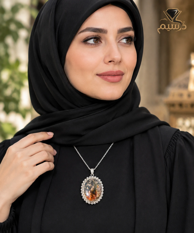 آویز نقره دست ساز زنانه با عقیق شجر اصل