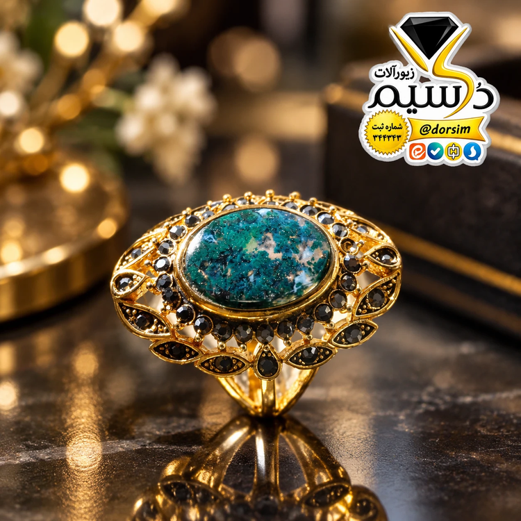 انگشتر استیل رنگ ثابت زنانه عقیق سبز خزه ای اصل | دُرسیم